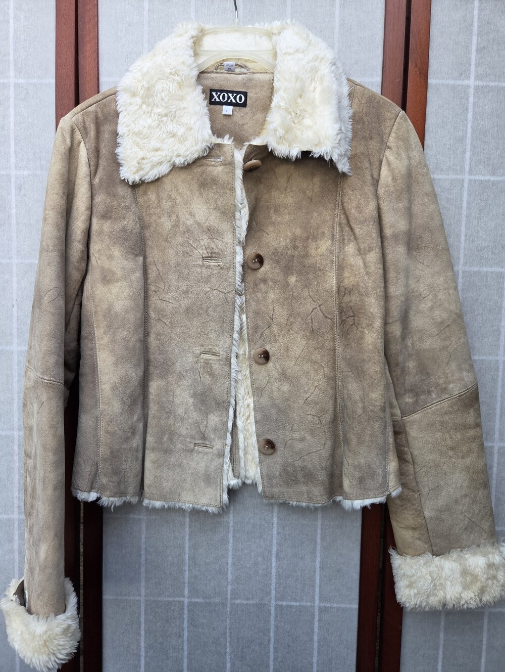 XOXO Vintage Y2K Genuine Leather Shearling Jacket Suede Afghan Coat Tan L